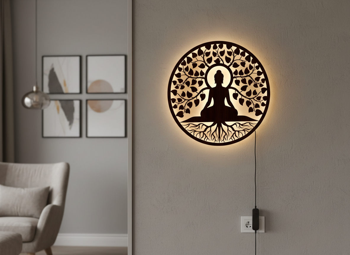 Meditating Lord Buddha Art Backlit Wooden Wall Hanging with LED Night Light With Remote