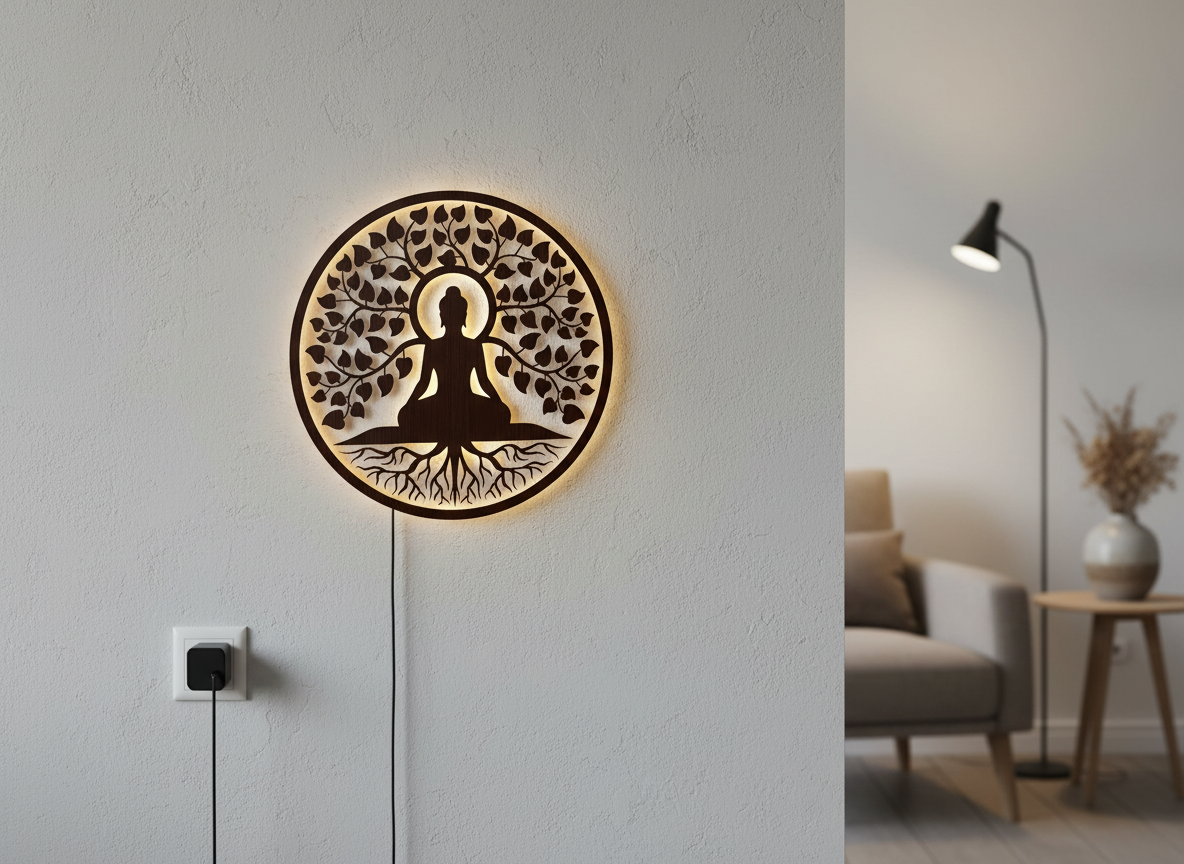 Meditating Lord Buddha Art Backlit Wooden Wall Hanging with LED Night Light With Remote