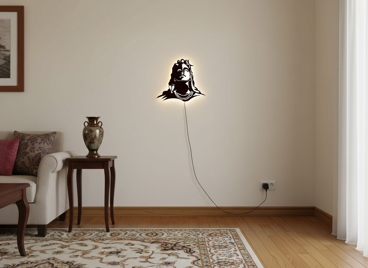 Adiyogi Lord Shiva Premium Backlit Design Wooden Wall Hanging with LED Night Light With Remote