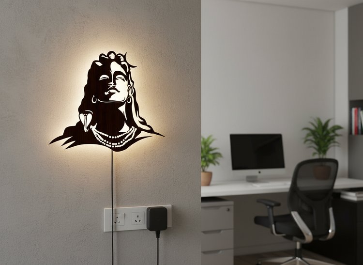Adiyogi Lord Shiva Premium Backlit Design Wooden Wall Hanging with LED Night Light With Remote