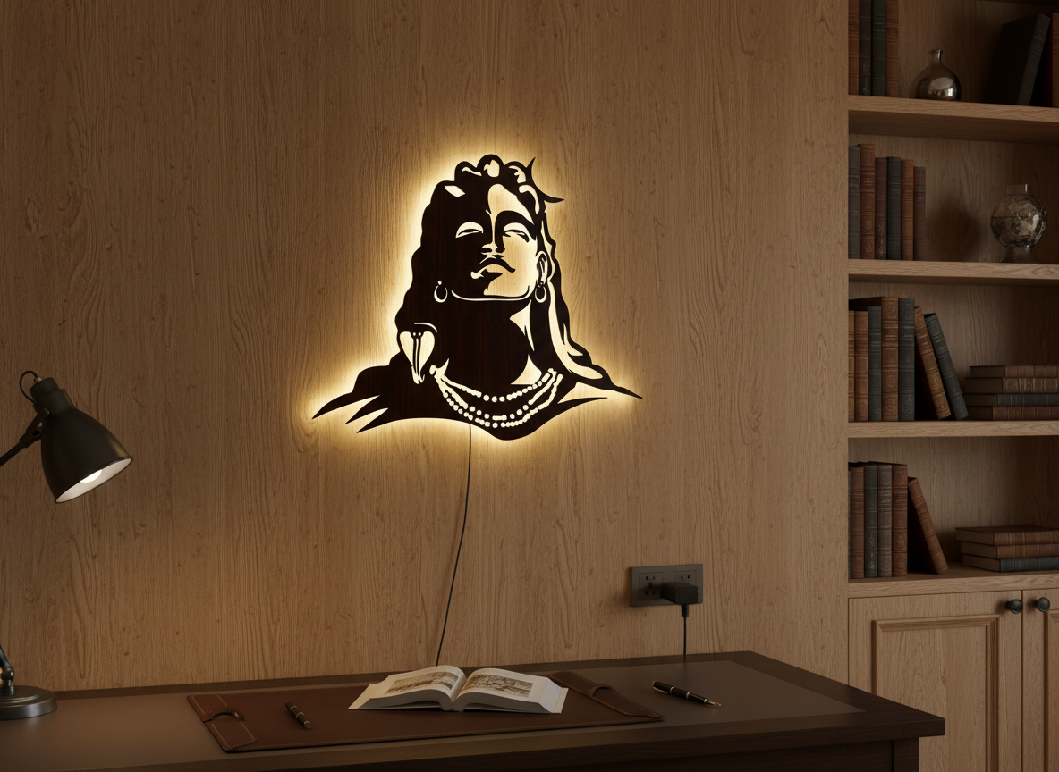 Adiyogi Lord Shiva Premium Backlit Design Wooden Wall Hanging with LED Night Light With Remote