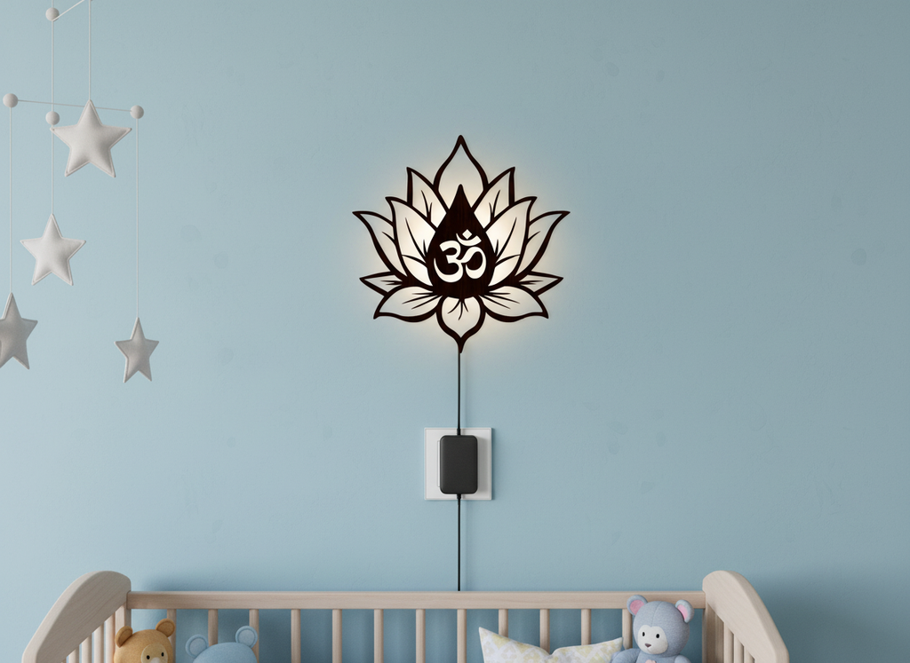 Hindu OM inside Lotus Flower Backlit Wooden Wall Decor with LED Night Light With Remote