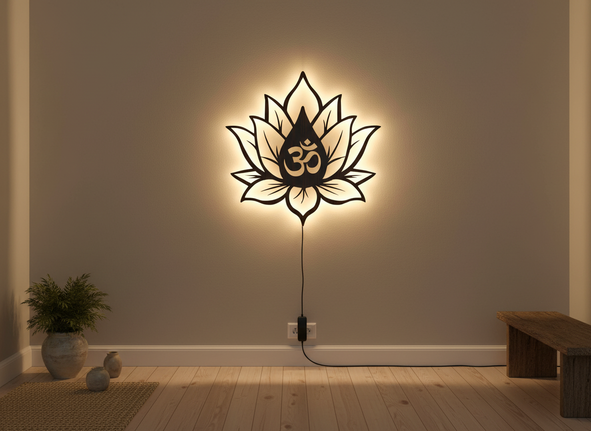 Hindu OM inside Lotus Flower Backlit Wooden Wall Decor with LED Night Light With Remote