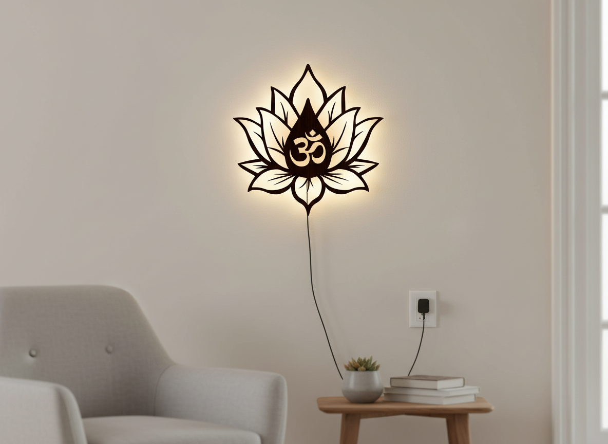 Hindu OM inside Lotus Flower Backlit Wooden Wall Decor with LED Night Light With Remote