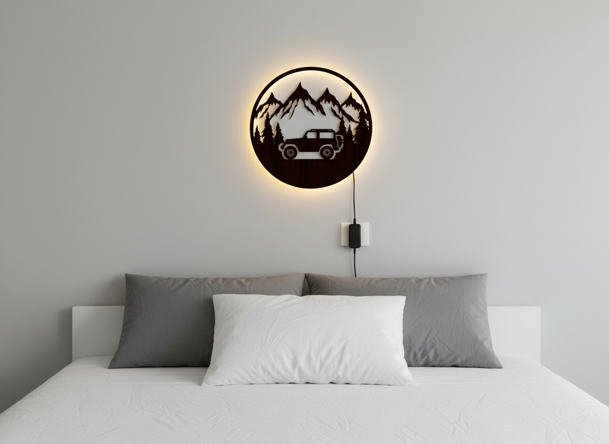 Mountain Forest Road Jeep Art Backlit Wooden Wall Hanging with LED Night Light With Remote