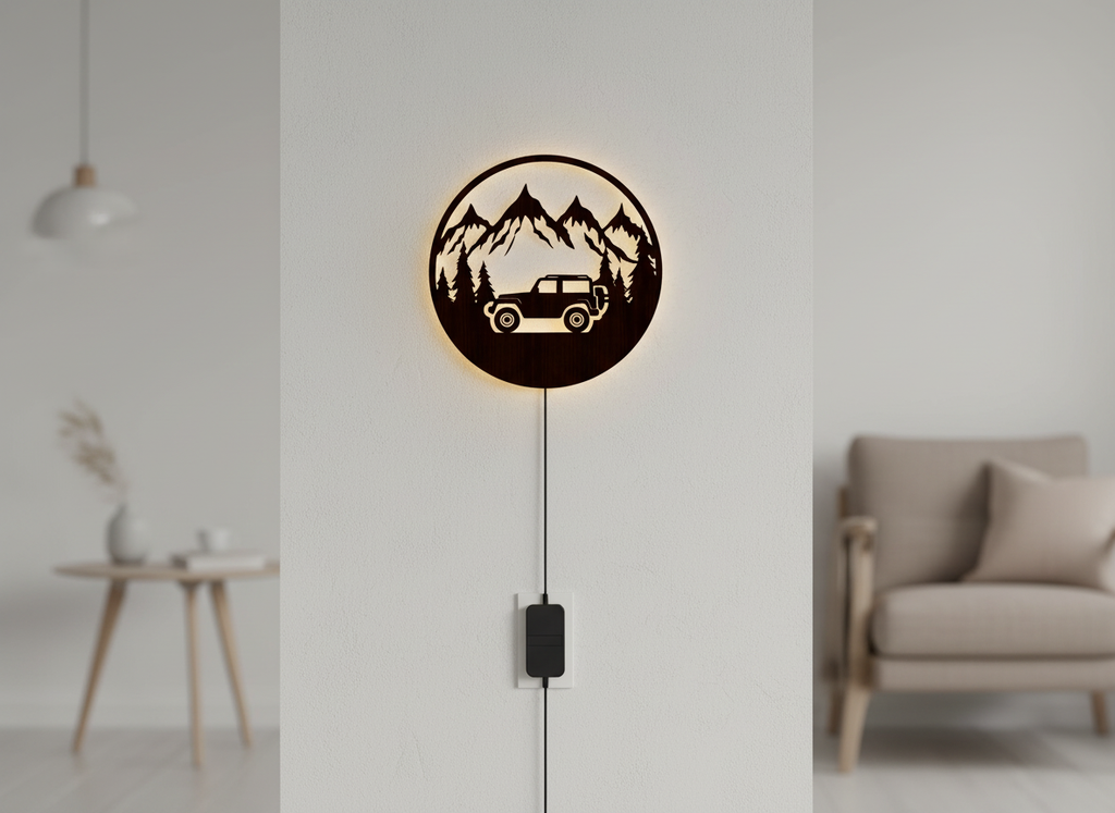 Mountain Forest Road Jeep Art Backlit Wooden Wall Hanging with LED Night Light With Remote