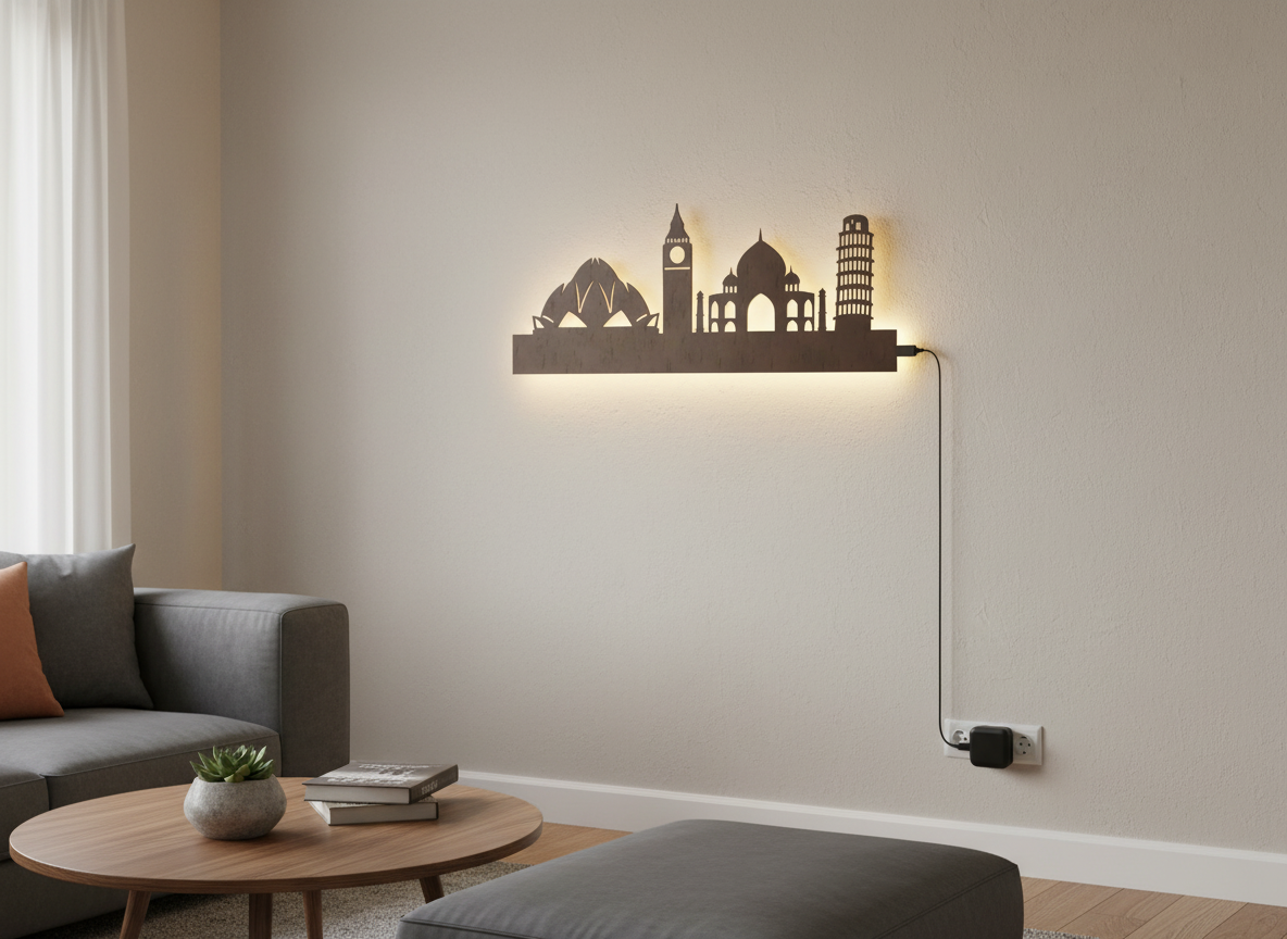 Famous Architectures Backlit Design Wooden Wall Hanging with LED Night Light With remote