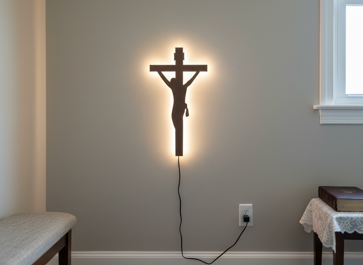 Jesus Crosses Backlit Wooden Wall Hanging with LED Night Light With Remote