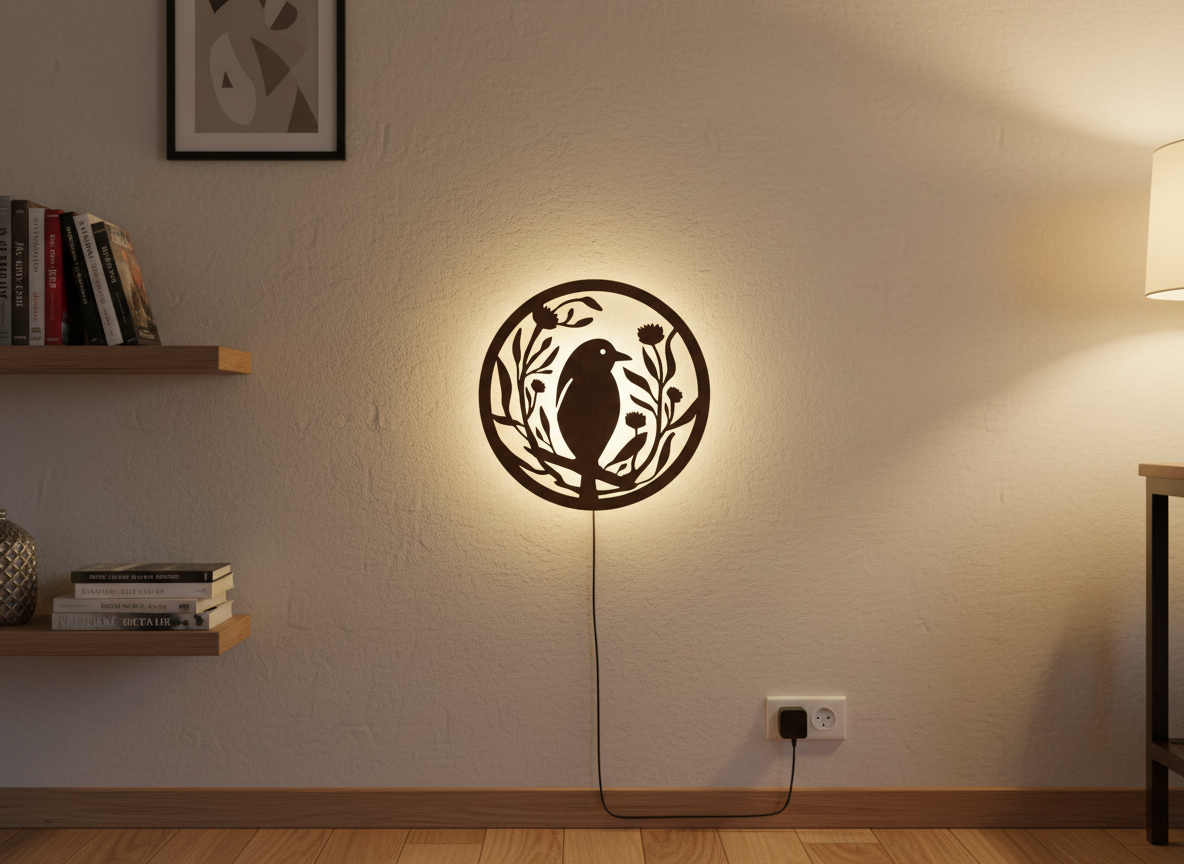 Beautiful Bird with Flower Round Backlit Wooden Wall Hanging with LED Night Light With Remote