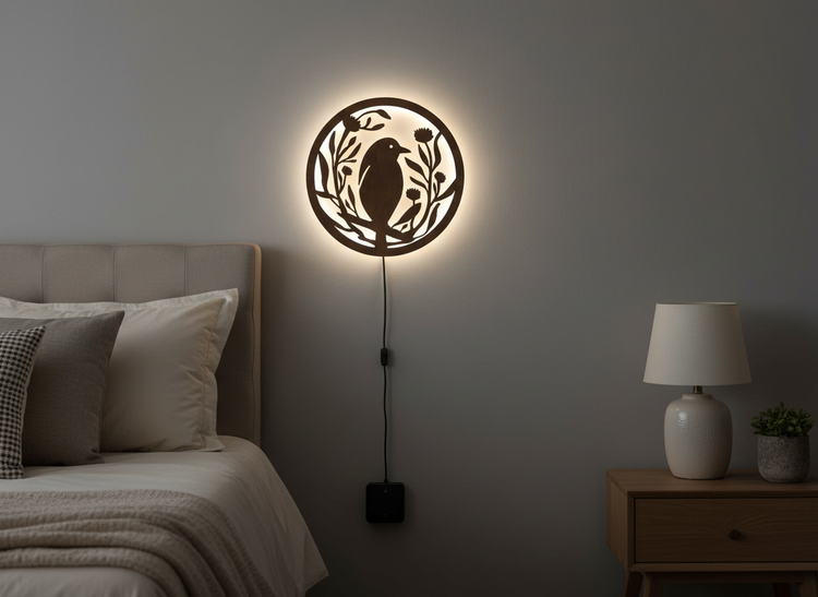 Beautiful Bird with Flower Round Backlit Wooden Wall Hanging with LED Night Light With Remote