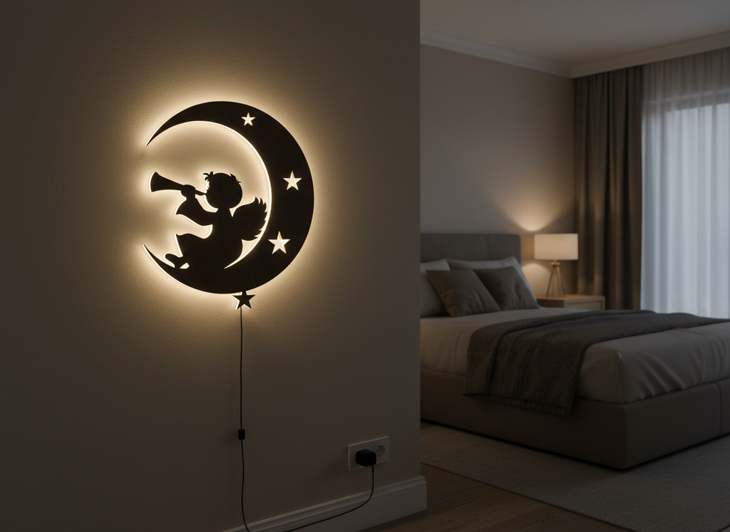 Silhouette Angel Backlit Wooden Wall Hanging with LED Night Light With Remote