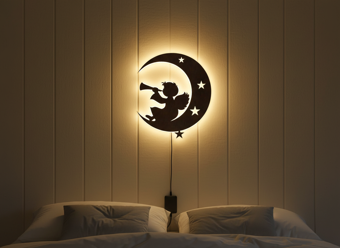 Silhouette Angel Backlit Wooden Wall Hanging with LED Night Light With Remote