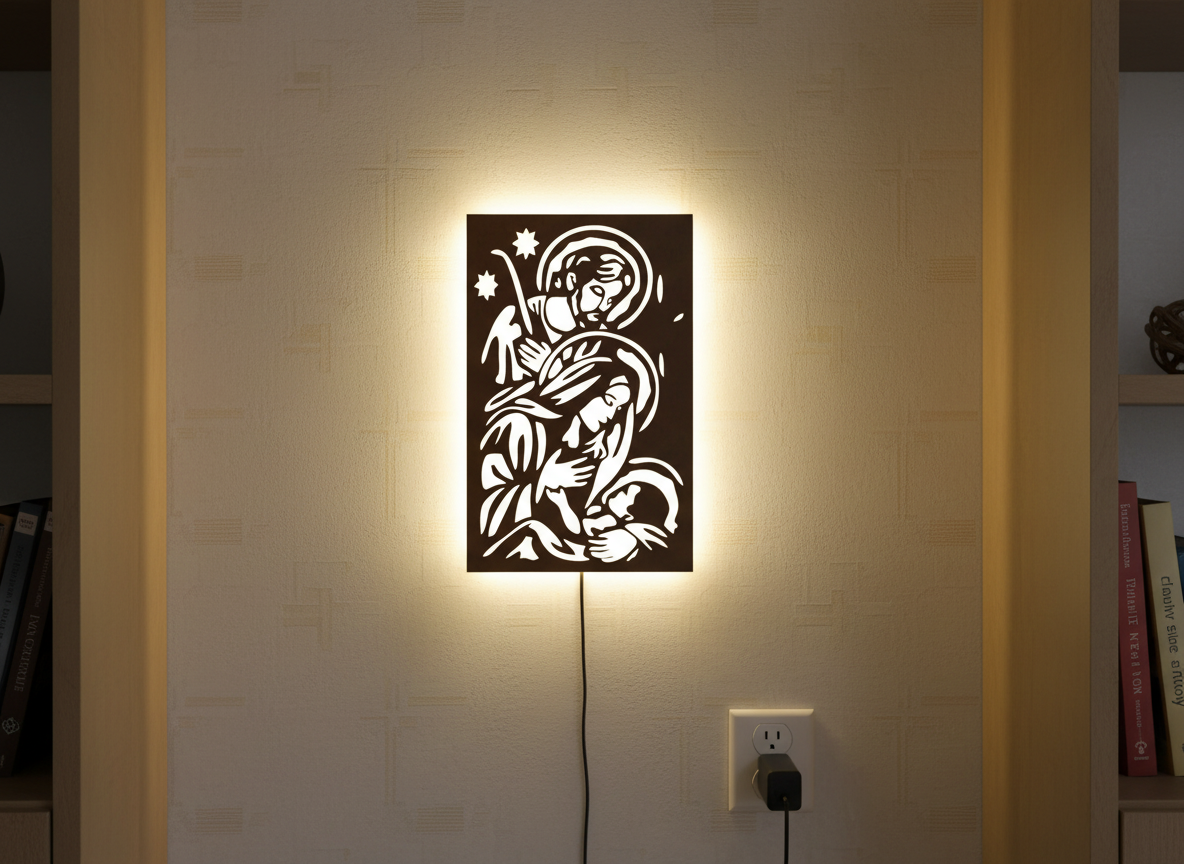 Baby Jesus Virgin Mary Joseph Holy Family Backlit Wooden Wall Hanging with LED Night Light Walnut Finish
