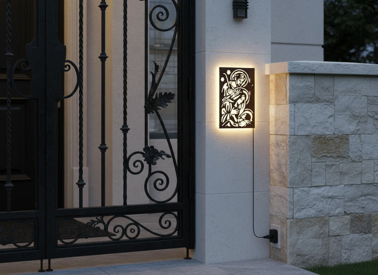 Baby Jesus Virgin Mary Joseph Holy Family Backlit Wooden Wall Hanging with LED Night Light Walnut Finish