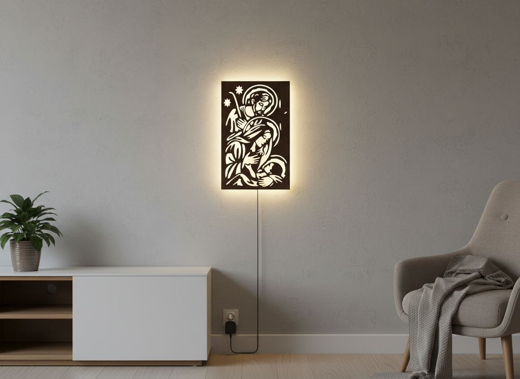 Baby Jesus Virgin Mary Joseph Holy Family Backlit Wooden Wall Hanging with LED Night Light Walnut Finish