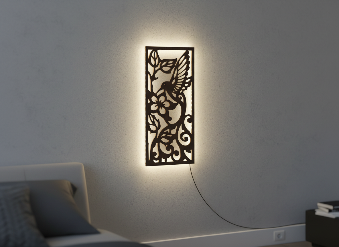 Beautiful Bird with Flower Backlit Wooden Wall Hanging with LED Night Light With Remote