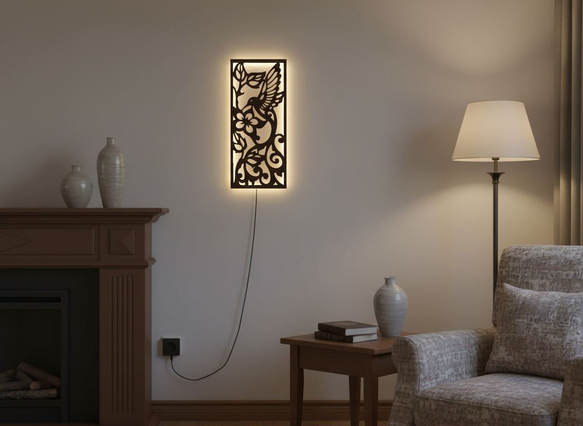 Beautiful Bird with Flower Backlit Wooden Wall Hanging with LED Night Light With Remote