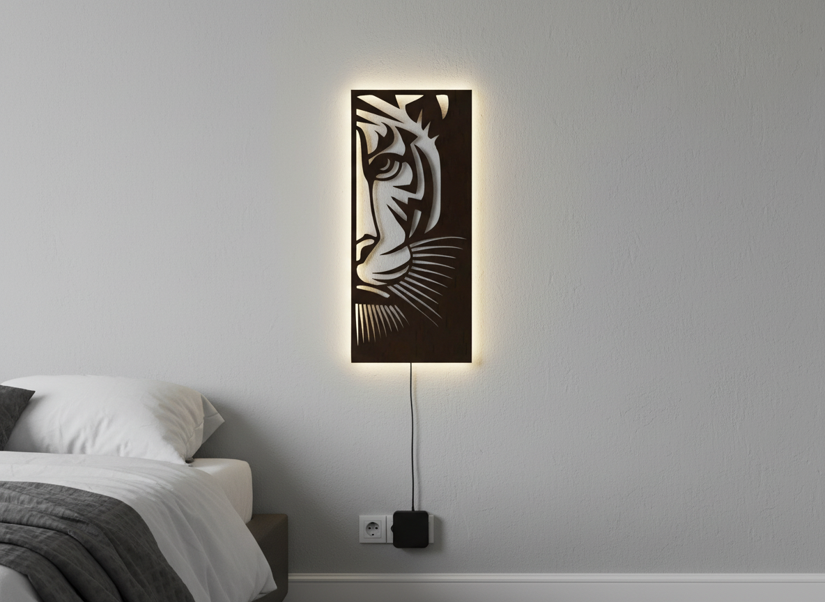 Tiger Face Art Backlit Wooden Wall Decor with LED Night Light With Remote