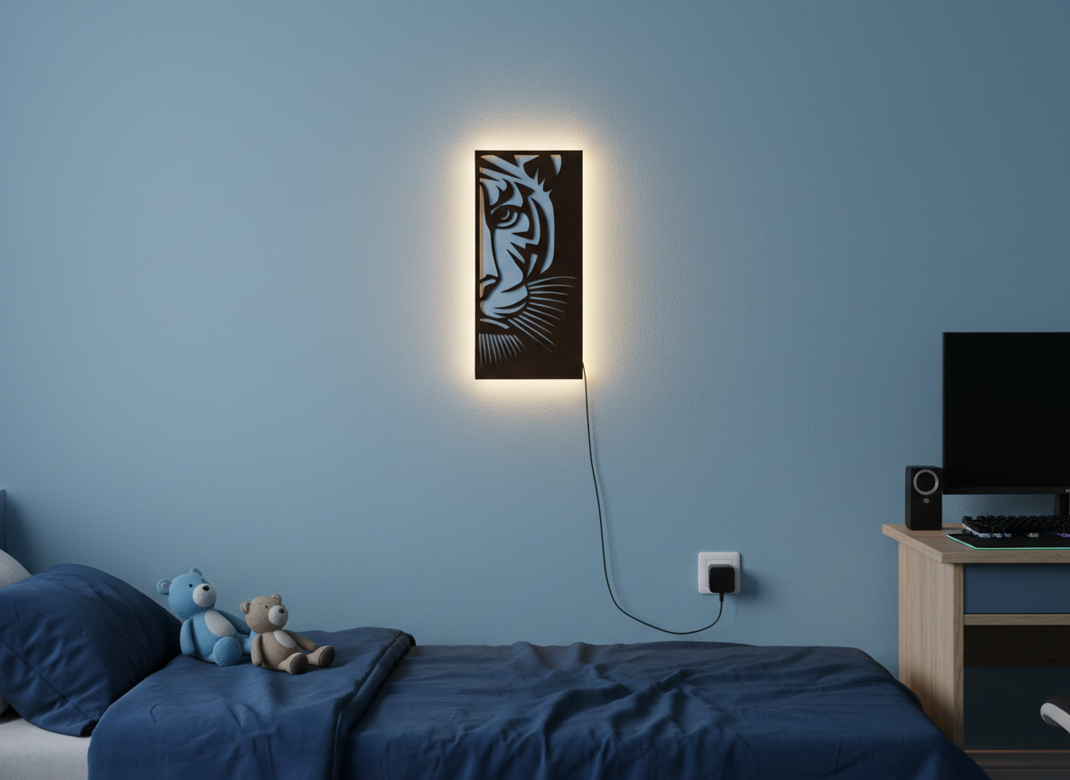 Tiger Face Art Backlit Wooden Wall Decor with LED Night Light With Remote