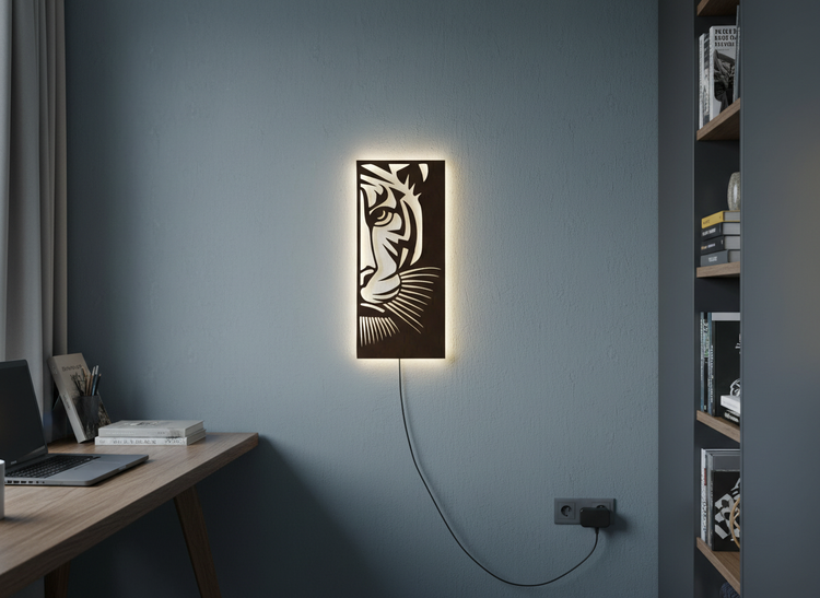 Tiger Face Art Backlit Wooden Wall Decor with LED Night Light With Remote