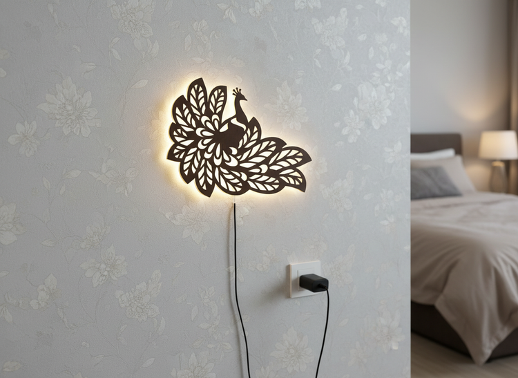 Beautiful Peacock Wings Designer Art Backlit Wooden Wall Decor with LED Night Light With Remote