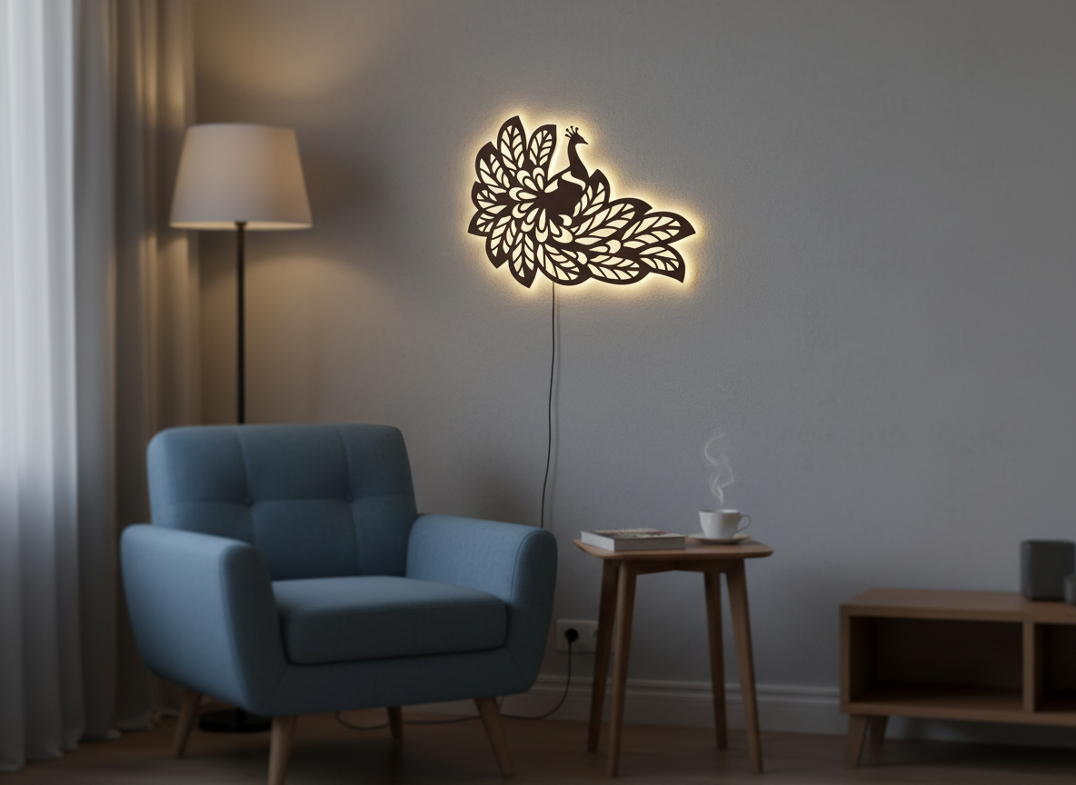 Beautiful Peacock Wings Designer Art Backlit Wooden Wall Decor with LED Night Light With Remote
