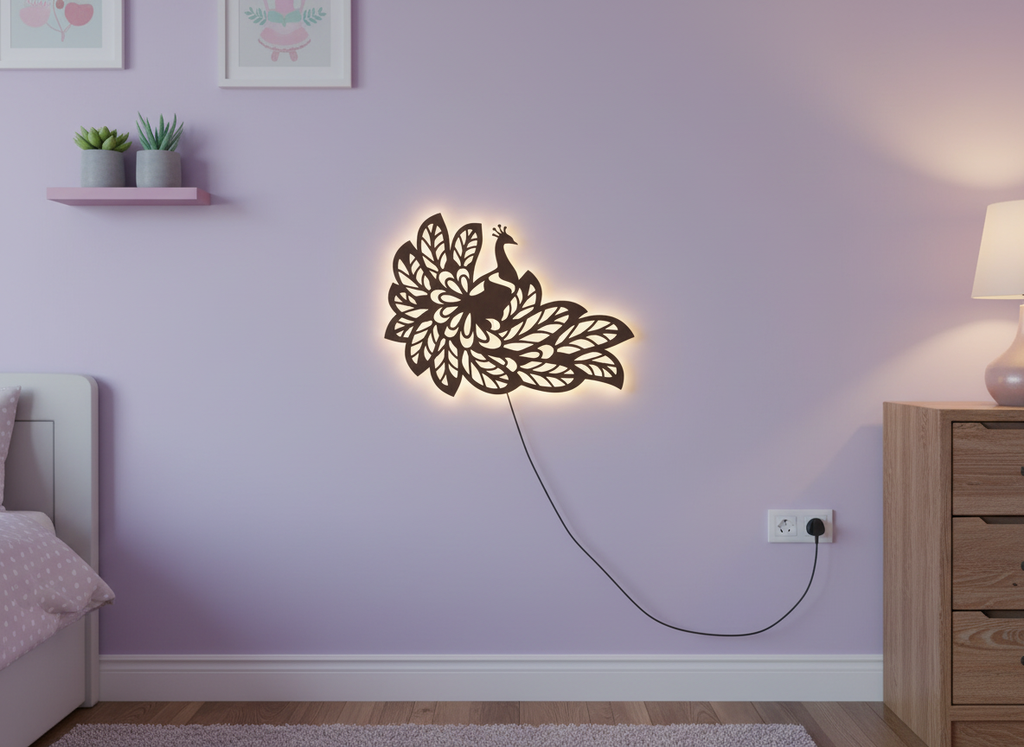 Beautiful Peacock Wings Designer Art Backlit Wooden Wall Decor with LED Night Light With Remote