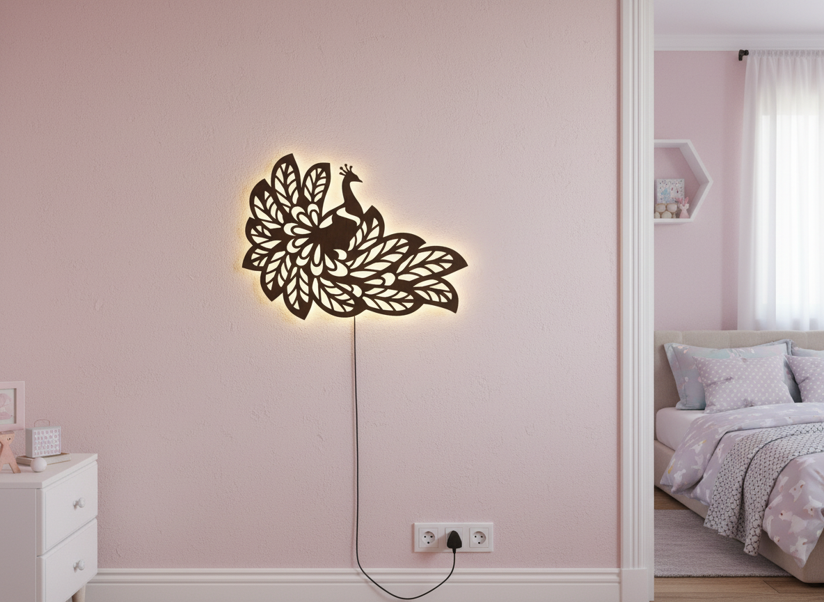 Beautiful Peacock Wings Designer Art Backlit Wooden Wall Decor with LED Night Light With Remote