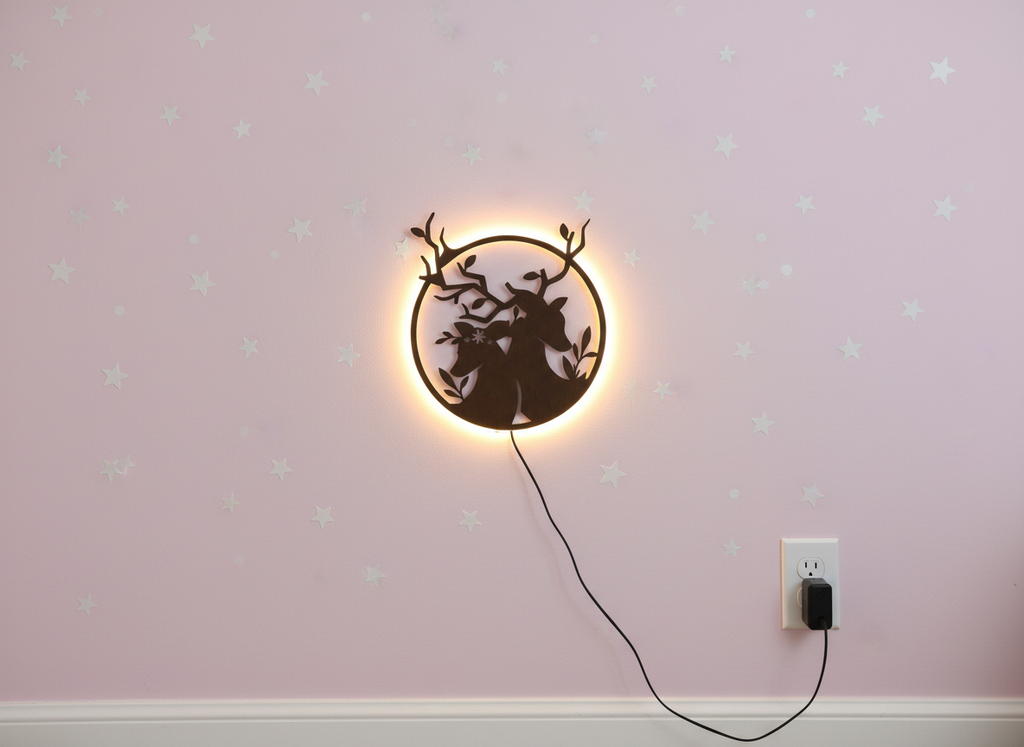 Loving Deer in Round Shaped Backlit Wooden Wall Decor with LED Night Light With Remote