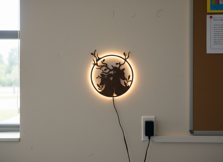 Loving Deer in Round Shaped Backlit Wooden Wall Decor with LED Night Light With Remote