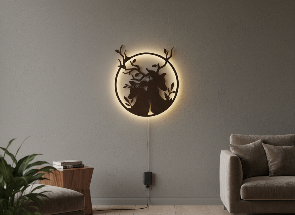 Loving Deer in Round Shaped Backlit Wooden Wall Decor with LED Night Light With Remote