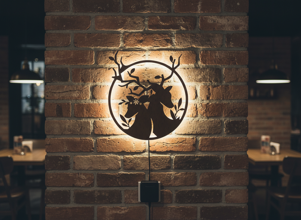 Loving Deer in Round Shaped Backlit Wooden Wall Decor with LED Night Light With Remote