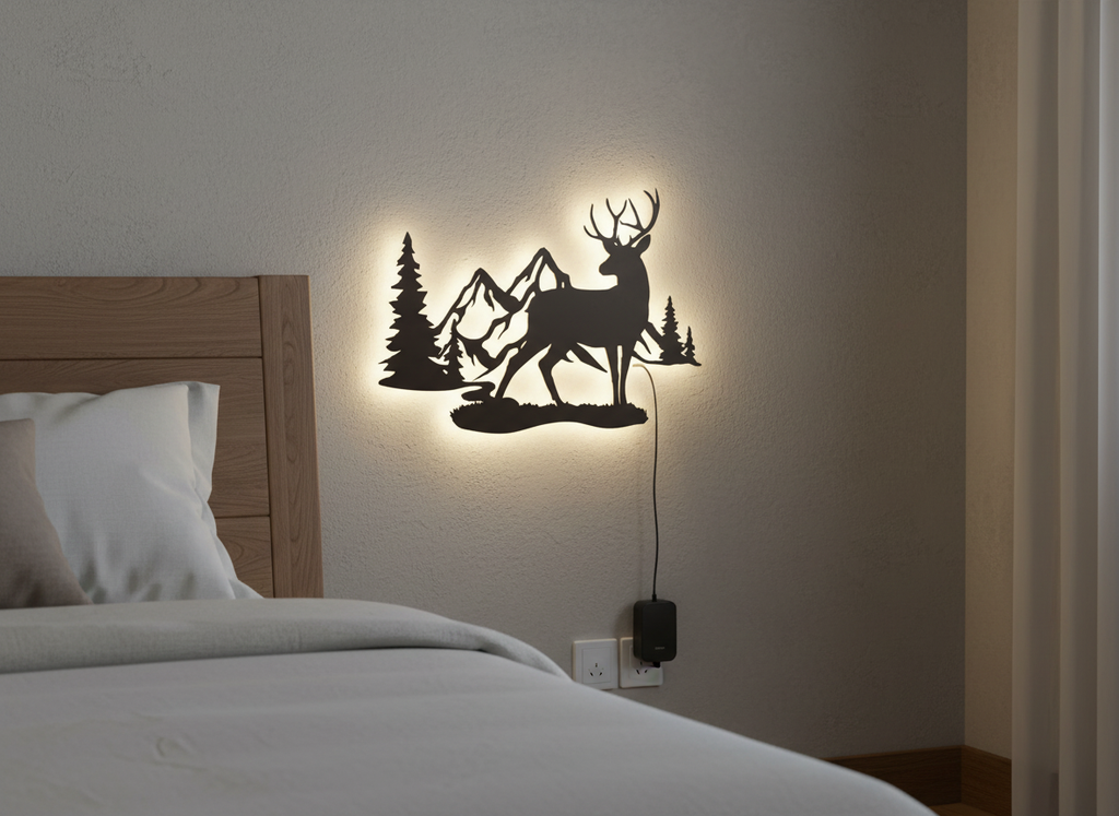 Rustic Forest Deer Backlit Wooden Wall Decor with LED Night Light With Remote