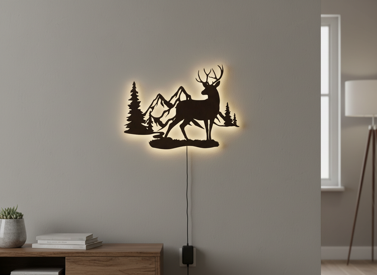 Rustic Forest Deer Backlit Wooden Wall Decor with LED Night Light With Remote