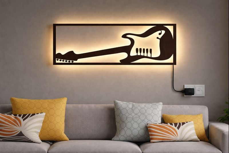 Designer Guitar Backlit Wooden Wall Decor with LED Night Light With Remote