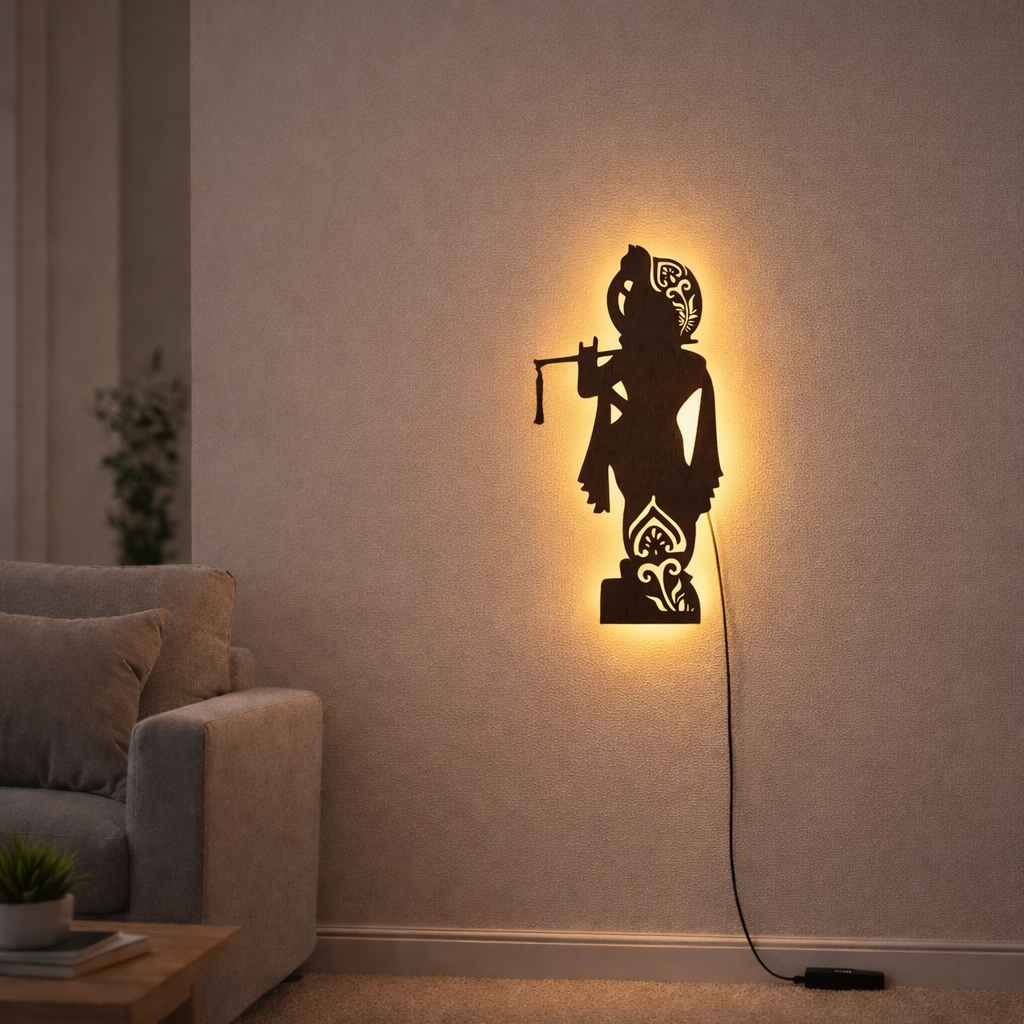 Lord Shree Krishna Backlit Wooden Wall Decor with LED Night Light With Remote