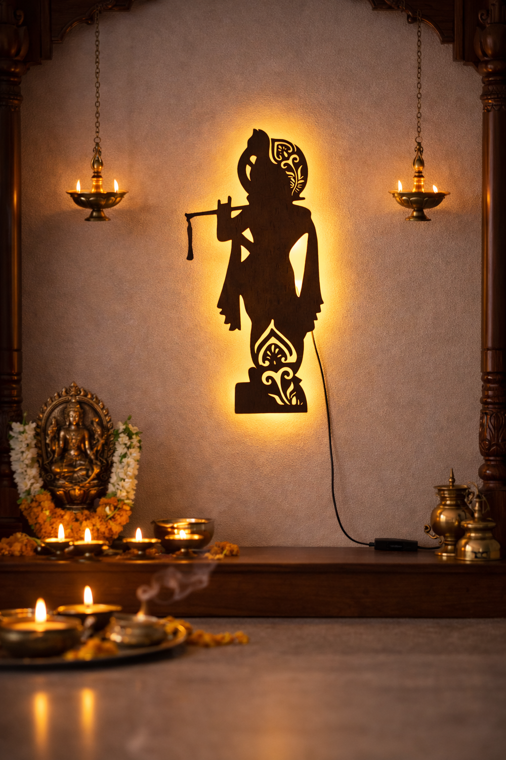 Lord Shree Krishna Backlit Wooden Wall Decor with LED Night Light With Remote