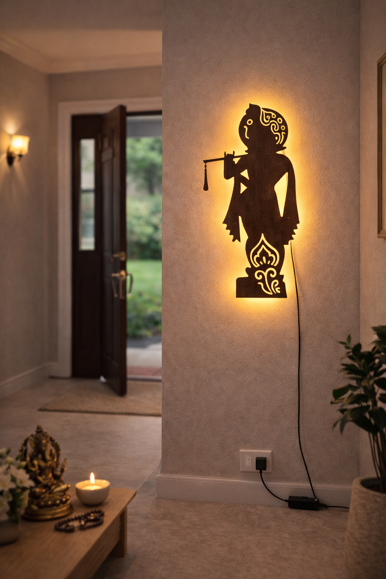 Lord Shree Krishna Backlit Wooden Wall Decor with LED Night Light With Remote