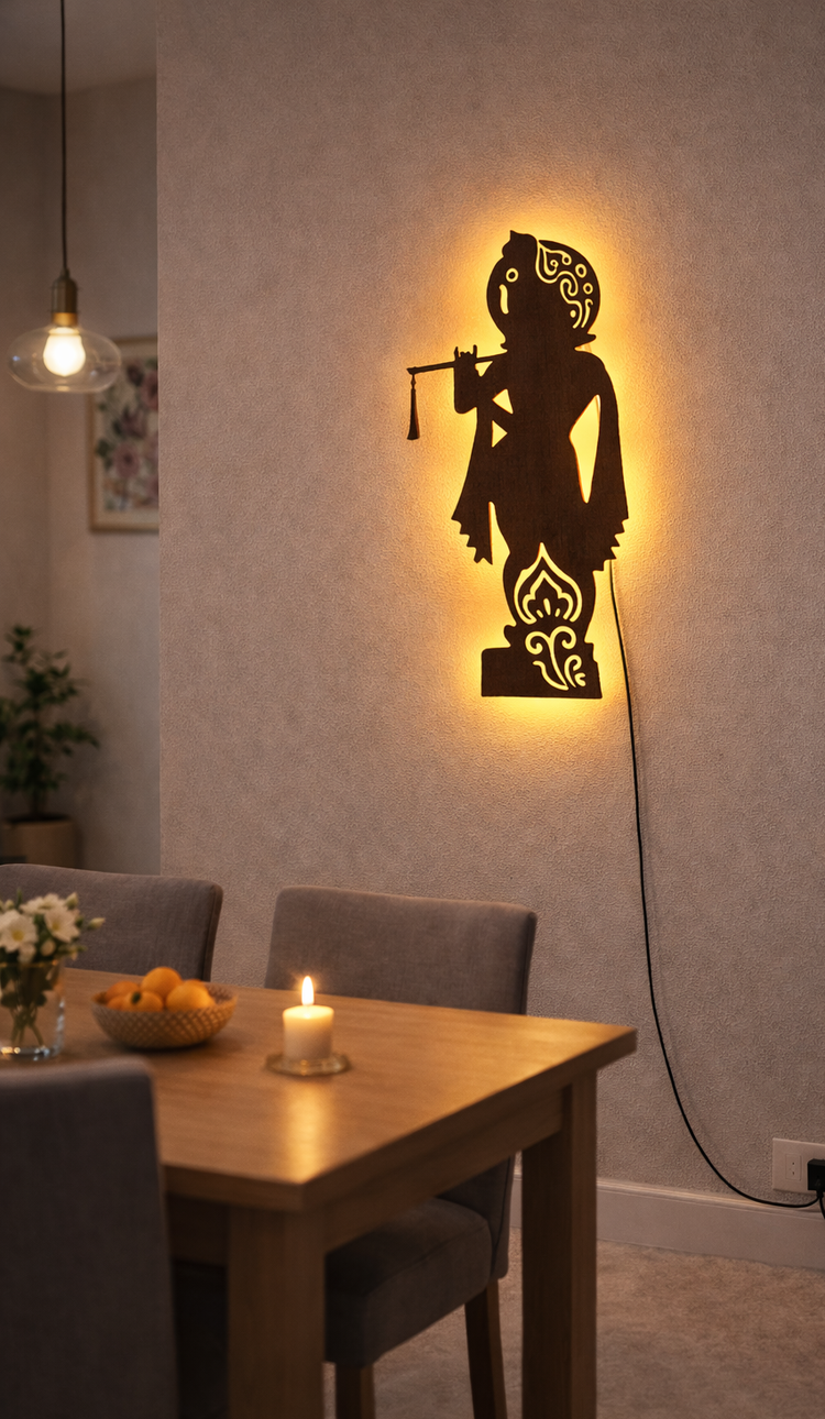 Lord Shree Krishna Backlit Wooden Wall Decor with LED Night Light With Remote