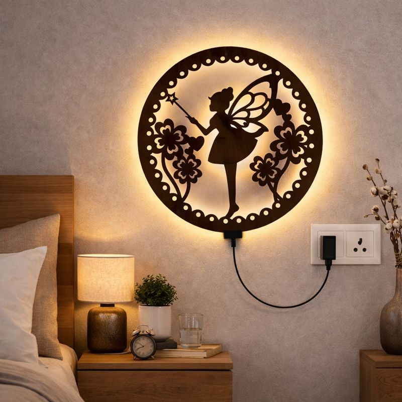 Fairy Butterfly Angel Backlit Wooden Wall Hanging with LED Night Light With Remote