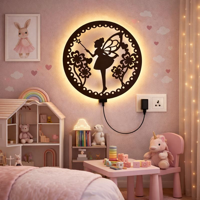 Fairy Butterfly Angel Backlit Wooden Wall Hanging with LED Night Light With Remote