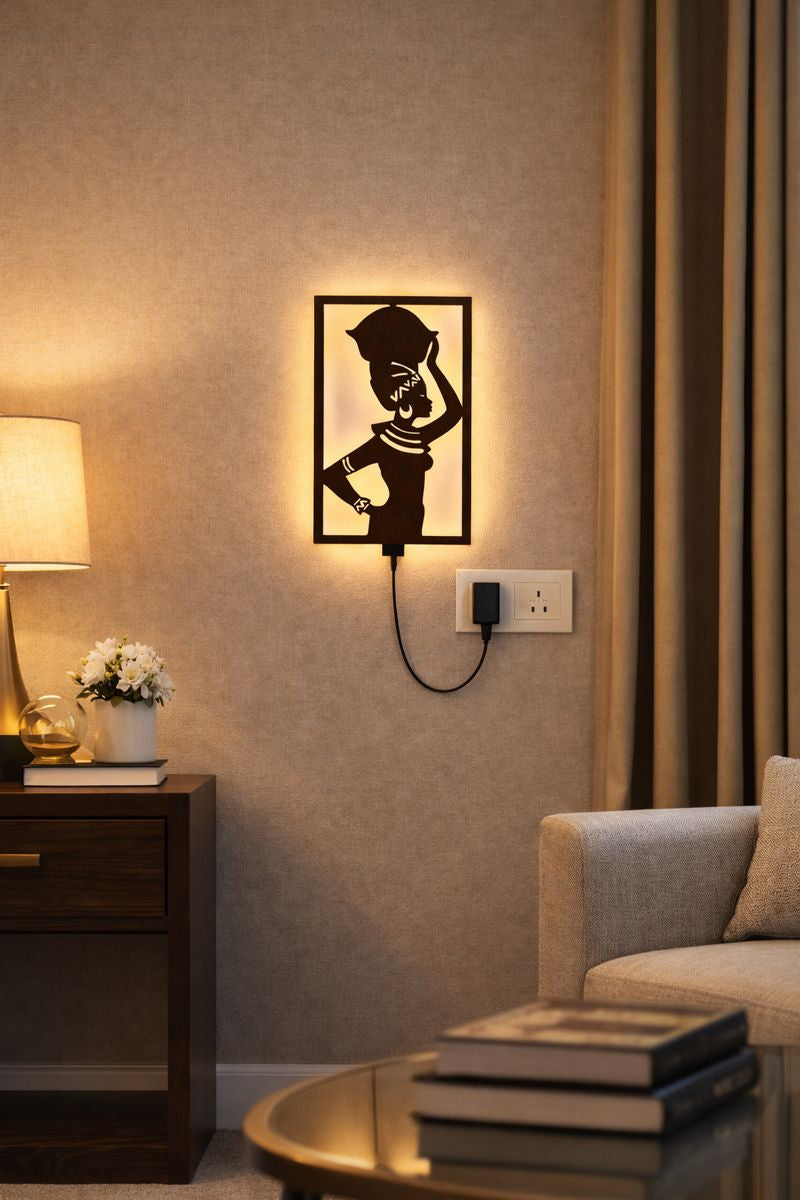 Beautiful African Women Backlit Wooden Wall Hanging with LED Night Light With Remote