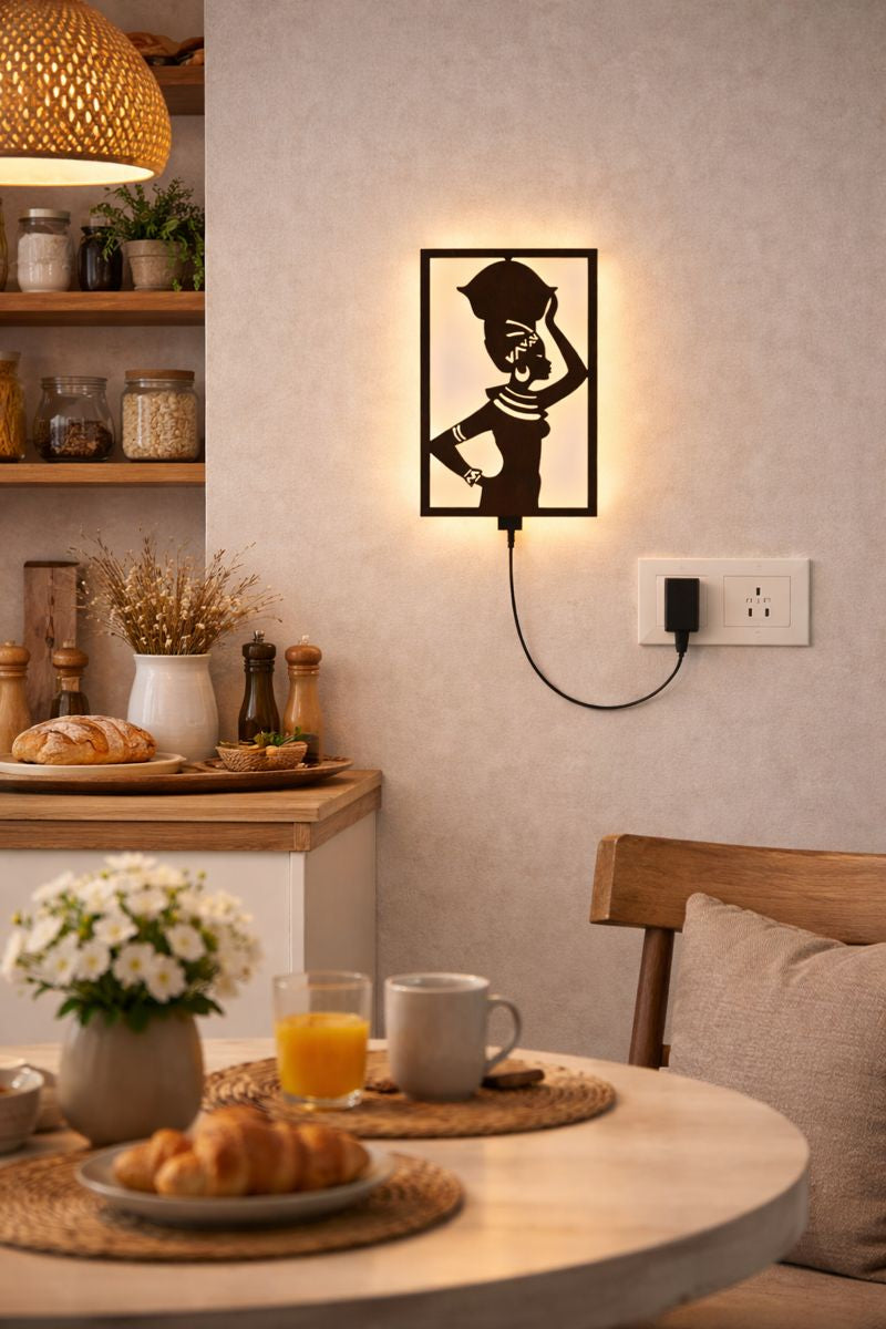 Beautiful African Women Backlit Wooden Wall Hanging with LED Night Light With Remote