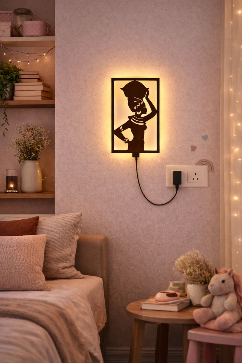 Beautiful African Women Backlit Wooden Wall Hanging with LED Night Light With Remote