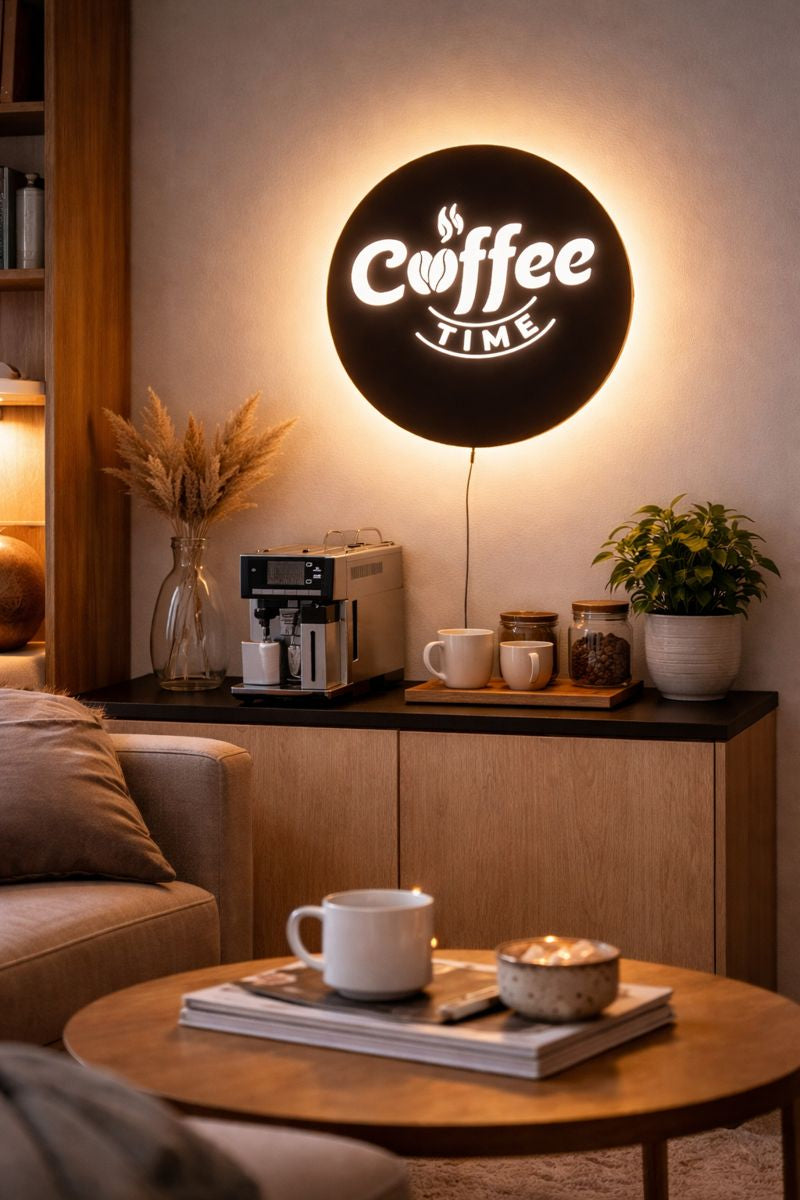 Designer Round Backlit Kitchen Wall Decor for Coffee Lovers with Remote