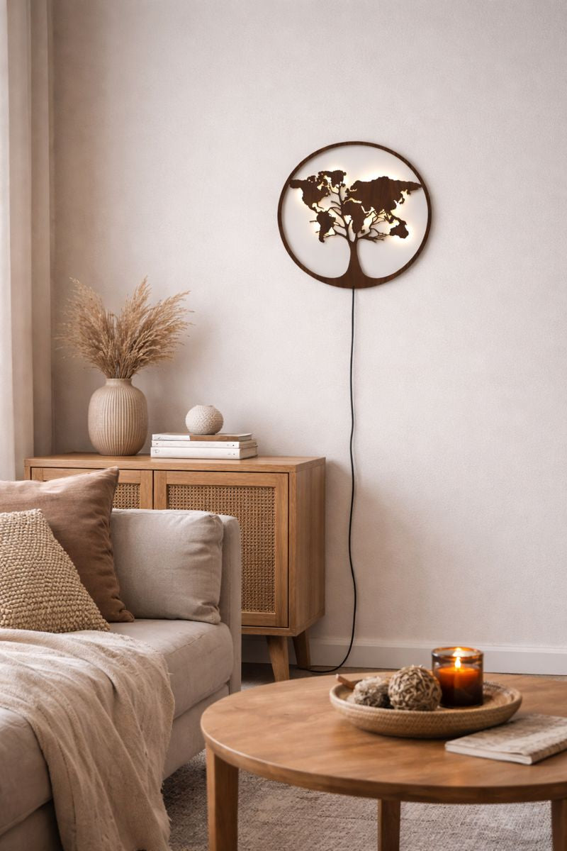 The World Map Tree Backlit Wall Art/ Night Light with Remote