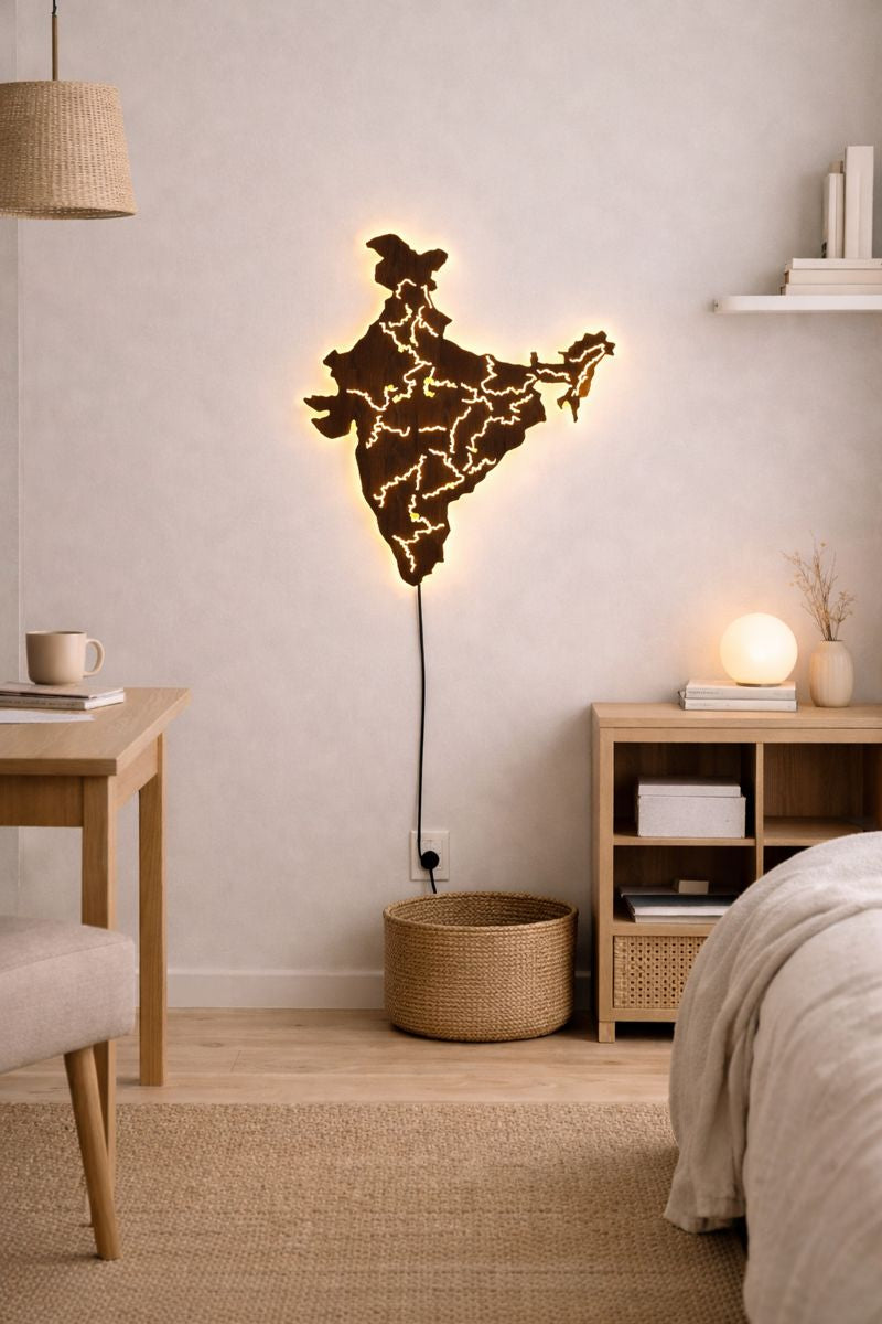 India Map Backlit Wooden Wall Decor with LED Night Light Walnut Finish