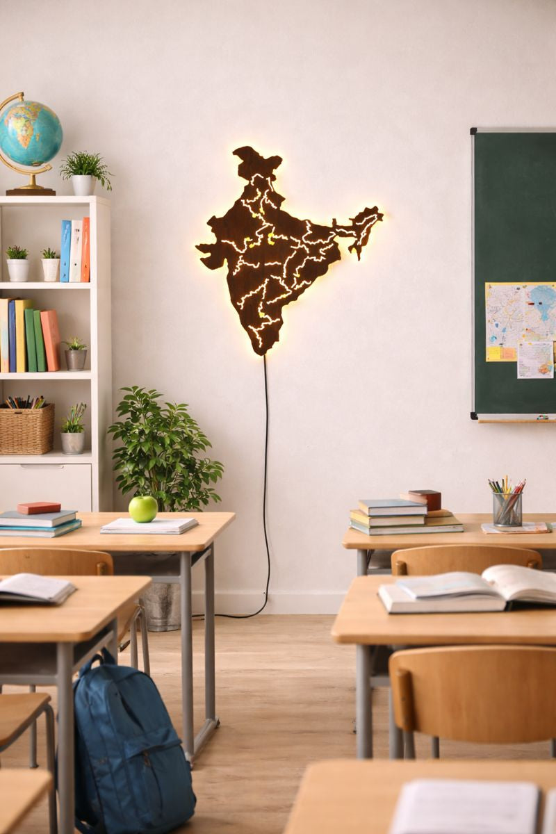 India Map Backlit Wooden Wall Decor with LED Night Light Walnut Finish