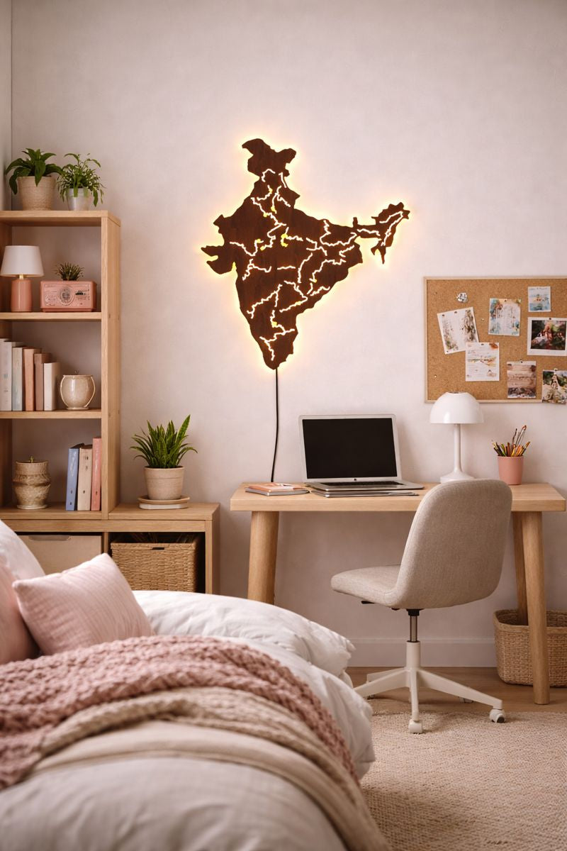 India Map Backlit Wooden Wall Decor with LED Night Light Walnut Finish