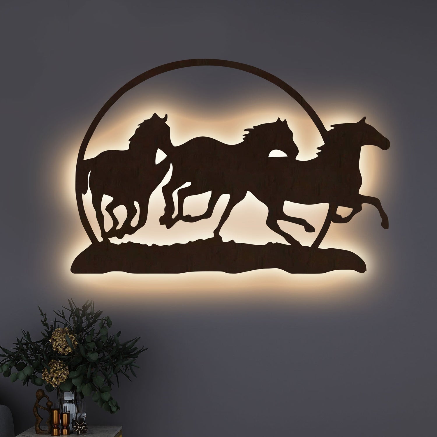Beautiful Running Horse Backlit Wooden Wall Decor with LED Night Light With Remote